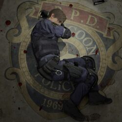  1boy black_gloves black_vest blue_shirt brown_hair curled_up fingerless_gloves from_above full_body gloves highres knee_pads leon_s._kennedy lying male_focus nichilema12138 on_side police police_uniform resident_evil resident_evil_2 resident_evil_2_(remake) shirt short_hair shoulder_pads solo undershirt vest white_shirt 