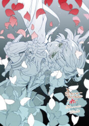  2girls armband bud commentary_request edoya_pochi flower flower_ornament hairband hand_grab magical_girl mahou_shoujo_ikusei_keikaku mahou_shoujo_ikusei_keikaku_red multiple_girls petals pleated_skirt ribbon ripple_(mahoiku) sailor_collar short_hair skirt snow_white_(mahoiku) tears translation_request underwater 