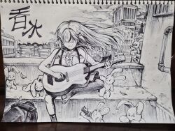  1girl absurdres barefoot building camera center_frills city closed_mouth commentary_request covered_eyes creature day floating_hair foot_out_of_frame frills greyscale guitar hair_ornament hair_over_eyes hairclip hanako_nana highres holding holding_microphone instrument korean_commentary long_hair microphone monochrome outdoors peto_(hanako_nana) playing_guitar playing_instrument shirt skirt skyline skyscraper sleeveless sleeveless_shirt smile stellive straight_hair sunglasses swima_(qoshma1205) traditional_media translation_request virtual_youtuber wind x_hair_ornament 