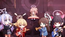  5girls after-school_sweets_club_(blue_archive) airi_(band)_(blue_archive) airi_(blue_archive) animal_ears black_hair blonde_hair blue_archive brown_hair cat_ears colored_inner_hair commentary_request green_eyes green_halo halo highres kazusa_(band)_(blue_archive) kazusa_(blue_archive) korean_commentary medium_hair multicolored_hair multiple_girls natsu_(band)_(blue_archive) natsu_(blue_archive) official_alternate_costume pink_hair pink_halo purple_hair purple_halo red_eyes reisa_(blue_archive) samess_333 two-tone_hair yellow_eyes yellow_halo yoshimi_(blue_archive) 