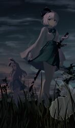  2girls absurdres animal_ears black_bow black_bowtie bow bow_hairband bowtie dark evening grass green_skirt hair_ribbon hairband highres konpaku_youmu konpaku_youmu_(ghost) lhq_(artist) long_hair looking_at_viewer miniskirt multiple_girls outdoors purple_hair rabbit_ears rabbit_girl reisen_udongein_inaba ribbon sheath sheathed shirt short_hair skirt standing touhou twilight white_hair white_shirt 