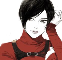  1girl ada_wong black_eyes black_hair chest_harness east_asian harness highres parted_bangs red_lips red_sweater resident_evil resident_evil_4 resident_evil_4_(remake) short_hair silverlilii sweater turtleneck 