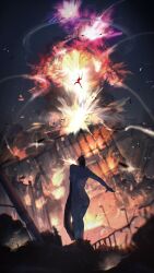  1boy 1girl absurdres apron bomb_hybrid_(chainsaw_man) building chainsaw_man chainsaw_man_(character) denji_(chainsaw_man) destruction dynamite embers explosion explosive fireworks from_behind highres ikuzim_o5 night object_on_head reze_(chainsaw_man) shockwave silhouette smoke standing transformation 