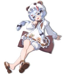  animal_hood bear_hood blue_eyes buruma dress grey_hair hair_ornament hairclip highres hood horns neverness_to_everness official_alternate_costume official_art on_pillow oni open_mouth sakiri_(gingerbear_biscuit)_(nte) sakiri_(nte) sandals short_hair short_hair_with_long_locks single_horn smile solo third-party_source transparent_background white_buruma white_dress 