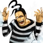  1boy black_eyes black_hair commentary_request facial_hair floating_hair galdino glasses long_sleeves male_focus nokonokoro one_piece open_mouth prison_clothes shirt short_hair simple_background smile solo striped striped_shirt teeth white_background 