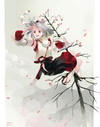  1girl animal_ear_fluff animal_ears black_skirt clothing_cutout commentary_request detached_sleeves falling_petals grey_hair hat highres hip_vent inubashiri_momiji medium_hair open_mouth petals pom_pom_(clothes) red_eyes red_hat red_skirt riki6 sheath sheathed shirt skirt sleeveless sleeveless_shirt smile socks solo sword sword_on_back tabi tokin_hat touhou tree two-tone_skirt weapon weapon_on_back white_shirt white_socks wide_sleeves wolf_ears wolf_girl 