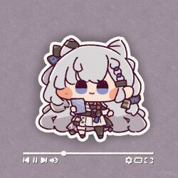  1girl :3 ameya_(kappadoll) blush_stickers chibi chibi_only closed_mouth commentary cone_hair_bun double_bun full_body grey_background grey_hair hair_bun highres hololive hololive_indonesia long_hair media_player_interface outline simple_background skirt smile solo standing very_long_hair vestia_zeta violet_eyes virtual_youtuber white_outline white_skirt 
