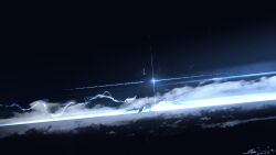  1girl animal_ears artist_name backlighting black_sky cat_ears cat_girl commentary dark dated electricity english_commentary fog from_side glint highres hood hood_down long_hair night original outdoors profile rune_xiao signature silhouette sky solo standing star_(sky) walking wide_shot 