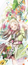  1girl :d abstract_background absurdres aqua_flower arm_up bare_arms bell_sleeves colorful commentary_request cowboy_shot dress feet_out_of_frame flower gakuen_idolmaster green_dress head_tilt highres idolmaster jewelry looking_at_viewer mikami_michael necklace open_mouth orange_eyes orange_flower parted_bangs purple_flower red_flower shinosawa_hiro smile solo too_many_flowers two-tone_dress watermark white_background white_dress white_hair yellow_flower 