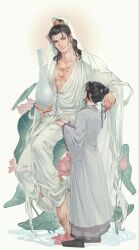  2boys absurdres aged_down all_wishes_come_true! alternate_costume barefoot bindi black_hair black_shoes blue_ribbon bottle brown_eyes bud buddhism chain child chinese_clothes chinese_commentary closed_mouth commentary_request earrings facial_hair facial_mark flower forehead_mark full_body gold_chain gold_necklace guanyin hair_bun hair_ornament hair_pulled_back hair_ribbon half_updo hands_on_another's_thigh hanfu highres holding holding_bottle holding_ribbon jewelry leaf leaf_hair_ornament lily_pad ln_(yc24720223) long_hair long_sleeves looking_at_another lotus lotus_leaf lv_dongbin_(all_wishes_come_true!) lv_dongbin_(young)_(all_wishes_come_true!) male_focus multiple_boys mustache_stubble necklace pectoral_cleavage pectorals pink_flower ponytail pouring profile ribbon robe shoes simple_background single_hair_bun sitting smile standing stubble tassel time_paradox updo veil water white_background white_hanfu wide_sleeves zhongli_quan_(all_wishes_come_true!) 