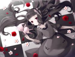  1girl black_bow black_dress black_hair black_hairband blunt_bangs bow checkered_floor commentary dress english_commentary flower gothic_lolita hairband hardgore_alice highres lolita_fashion long_hair lying magical_girl mahou_shoujo_ikusei_keikaku mahou_shoujo_ikusei_keikaku_unmarked petals red_eyes red_flower red_rose rose stuffed_toy white_flower yunare 
