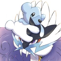  bear blue_eyes commentary_request cubchoo highres mane moshi2hitomoshi no_humans on_head pokemon pokemon_(creature) pokemon_focus pokemon_on_head raging_bolt snot tusks violet_eyes white_background white_fur 