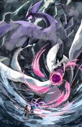  absurdres animal_focus clouds cloudy_sky commentary energy_ball english_commentary fangs highres lapras lightning lugia merchandise_available open_mouth photoshop_(medium) pokemon pokemon_(creature) pokemon_focus pokemon_xd procreate_(medium) riding riding_pokemon shadow_lugia sky tuttlesart v-shaped_eyes water waves 