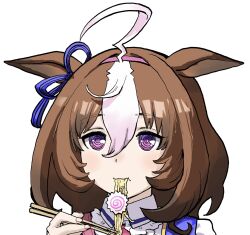  1girl :t @_@ ahoge brown_hair chopsticks closed_mouth collared_shirt e-ncyo ear_ornament ears_down eating food hair_between_eyes hairband hand_up highres kamaboko medium_hair meisho_doto_(umamusume) multicolored_hair narutomaki noodles portrait ramen shirt simple_background solo streaked_hair umamusume violet_eyes white_background white_hair white_shirt 