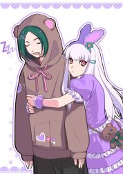  1boy 1girl animal_ear_hairband animal_ears animal_hood bear_hood black_pants brown_hoodie chinese_commentary commentary_request dress fake_animal_ears fengdi_kazefue fire_emblem fire_emblem:_three_houses frilled_dress frills green_hair hair_ornament hairband highres hood hoodie hug hug_from_behind linhardt_von_hevring long_hair long_sleeves lysithea_von_ordelia pants pink_eyes purple_dress purple_hairband rabbit_ears sleeping sleeping_upright sleeves_past_wrists standing stuffed_animal stuffed_toy teddy_bear white_hair x_hair_ornament zzz 