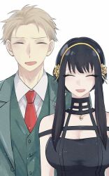  1boy 1girl black_dress black_hair blonde_hair breasts closed_eyes collarbone collared_shirt dress earrings facing_viewer gold_earrings gold_hairband green_jacket green_vest hairband highres jacket jewelry lapel_pin large_breasts long_sidelocks moduk2222 necktie open_mouth red_necktie shirt short_hair short_hair_with_long_locks sidelocks simple_background smile spy_x_family twilight_(spy_x_family) upper_body vest white_background yor_briar 