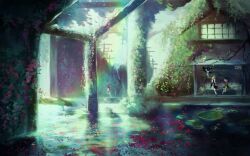  3girls broom encodory flower hakurei_reimu hat house kirisame_marisa komeiji_koishi lily_pad looking_at_another multiple_girls on_bench overgrown plant scenery sitting touhou unworn_hat unworn_headwear water wide_shot witch_hat 