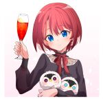  1girl ame. black_dress blue_eyes bow breasts closed_mouth commentary_request cup dress drink gradient_background hand_up head_tilt highres holding holding_cup hololive long_sleeves looking_at_viewer medium_breasts pink_background pink_nails puffy_long_sleeves puffy_sleeves red_bow redhead see-through see-through_sleeves smile takane_lui upper_body virtual_youtuber white_background 