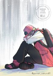  1boy backpack bag black_pants brown_hair commentary_request covering_face garnet_zakuro01 hat highres hono_no_shauto kakusei_hunter_omegahorn male_focus pants red_hat red_shoes sad shirt shoes short_hair sitting solo tokusatsu twitter_username white_background white_shirt 