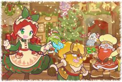  1girl 5boys afro alternate_costume andou_ringo antlers apron beard bell belt bird black_eyes black_gloves blonde_hair blue_bird border bow bow_hairband box brown_apron brown_gloves brown_hair brown_hat brown_headband brown_pantyhose brown_shirt brown_shoes brown_vest candle candlestand candy candy_cane chef_hat christmas christmas_ornaments christmas_tree christmas_wreath closed_eyes collared_dress commentary_request confetti curtains dress erik_(puyopuyo) facial_hair fake_horns food frilled_hairband frills full_beard gift gift_box gloves green_bow green_dress green_eyes green_hair green_hairband green_pants grey_hair hair_bow hair_ornament hairband hat headband helmet holding holding_plate holly_hair_ornament horned_headwear horned_helmet horns indoors jingle_bell jorn_(puyopuyo) kaapo_(puyopuyo) leif_(puyopuyo) long_beard long_hair looking_at_animal looking_at_another low-tied_long_hair medium_hair multiple_boys mustache official_style open_clothes open_mouth open_vest orvo_(puyopuyo) pants pantyhose photo_(object) picture_frame pimyuhuwa pince-nez plate pleated_dress pointy_ears purple_hair puyopuyo puyopuyo_quest red_belt red_bow red_hair red_hat red_ribbon red_skirt reindeer_antlers ribbon round_eyewear shirt shoes short_hair skirt smile sparkle standing striped_hat table thick_eyebrows twitter_username vest white_border white_helmet wreath 