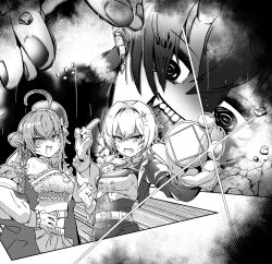  3girls ahoge bane_mk-2 belt beret braid commentary_request cowboy_shot detached_sleeves earrings fingernails folded_hair greyscale hair_between_eyes hat highres holding jacket jewelry long_hair long_sleeves looking_at_another marionette midriff monochrome multiple_girls nanase_ray nanashi_inc. open_clothes open_jacket open_mouth pointy_ears puppet ryugasaki_rene shionari_mirine short_hair side_braid single_braid smile strapless tube_top virtual_youtuber 