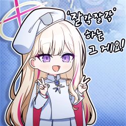  1girl beret blonde_hair blonde_student_council_president_(blue_archive) blue_archive commentary_request drumbarka_(blue_archive) halo hat long_hair multicolored_hair multicolored_halo red_hair red_halo samess_333 shirt shoulder_strap two-tone_hair two-tone_halo violet_eyes white_hat white_shirt yellow_halo 