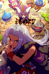  1girl bare_shoulders black_tube_top bubble_slime bunicorn capelet commentary_request dragon_quest dragon_quest_iii dust_cloud echo_(circa) finger_to_mouth fur_capelet goodybag_(dragon_quest) grey_hair hair_intakes healslime imp_(dragon_quest) liquid_metal_slime_(dq) long_hair looking_at_viewer metal_slime mimic_(dragon_quest) minidemon monster_wrangler_(dq3) pants parted_bangs red_eyes red_pants slime_(dragon_quest) squatting strapless tube_top whistling 