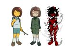  3others brown_hair chara_(undertale) closed_eyes closed_mouth collared_shirt commentary english_commentary frisk_(undertale) full_body holding holding_stick looking_at_viewer mob_psycho_100 multiple_others nicuoi shirt short_hair short_sleeves shorts simple_background smile standing stick white_background 