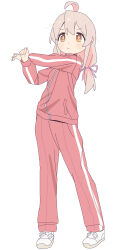  1girl absurdres ahoge ame_miya_ta blush brown_eyes brown_hair commentary_request double-parted_bangs full_body hair_between_eyes highres jacket long_hair long_sleeves looking_ahead onii-chan_wa_oshimai! oyama_mahiro pants red_jacket red_pants shoes sidelocks simple_background solo standing stretching track_jacket track_pants track_suit white_background white_shoes 
