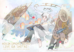  1boy :d apple bandaged_wrist bandages barcode barcode_tattoo barefoot beamed_eighth_notes book book_on_lap bright_pupils cheek_tattoo crew_neck dated_commentary eighth_note fence fingernails floating food fruit full_body gears halo hand_up highres holding holding_wand indie_utaite lantern levitation long_sleeves looking_at_viewer low_wings mafumafu male_focus mechanical_legs musical_note musical_staff open_book pants paper_lantern red_eyes shirt short_hair sitting sky_lantern smile solo tattoo teeth toenails upper_teeth_only utaite wand white_hair white_pants white_pupils white_shirt white_wings wings yamigirikuroko 
