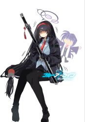  1boy 1girl aeng-du_(project_moon) bamboo-hatted_kim black_coat black_eyes black_gloves black_hair black_pantyhose black_shoes black_skirt blue_archive blunt_bangs chibi chibi_inset closed_mouth coat collared_shirt doodle_sensei_(blue_archive) drfghugfg34956 gloves hair_ornament hairband halo highres holding holding_sword holding_weapon id_card limbus_company long_hair looking_at_viewer necktie official_alternate_costume open_clothes pantyhose project_moon red_hairband red_necktie sensei_(blue_archive) shaded_face sheath shirt shoes skirt sword thai_commentary very_long_hair weapon white_shirt 