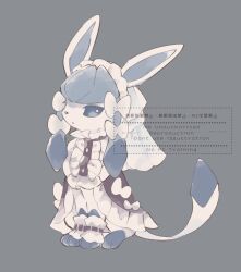  blue_background blue_eyes bow clothed_pokemon commentary dress frilled_dress frills glaceon hair_bow headdress mkt_(buizu-miki) no_humans open_mouth pokemon pokemon_(creature) simple_background sitting solo untranslatable_commentary 