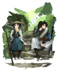  1boy 1girl :o black_boots black_hair blue_robe boots brown_hat cheng_heguang coat cone_hair_bun dao double_bun eating feather_boa food full_body green_headband green_robe hair_bun hand_on_own_chin hat headband highres holding holding_food liang_yue_(reverse:1999) liang_yue_(the_moon's_reflection)_(reverse:1999) mole mole_on_nose official_alternate_costume plant ponytail reverse:1999 rice_hat robe saga_k sheath sheathed single_arm_armor sitting stairs steamed_bun stroking_own_chin white_coat yellow_eyes 