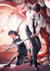  absurdres amachu_a amputee bed belt black_dress black_hair black_necktie black_pants black_shoes black_socks black_vest blood blood_on_clothes blood_on_weapon chainsaw_man choppy_bangs collared_shirt commentary disembodied_arm dress dress_shirt dynamic_pose fourth_east_high_school_uniform highres holding holding_sword holding_weapon injury katana kneehighs long_sleeves mitaka_asa mole mole_under_mouth necktie no_shoes octopus_devil_(chainsaw_man) on_one_knee pants pinafore_dress pleated_skirt school_uniform shirt shoes sidelocks skirt sleeveless sleeveless_dress socks sunset suspender_skirt suspenders sweatdrop sword twintails untranslatable_commentary vest weapon wing_collar yoshida_hirofumi 
