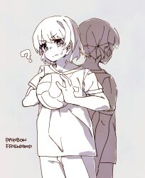  2girls ? absurdres arm_behind_back ball boro_(tn-boro) closed_mouth commentary_request english_text grey_background highres holding holding_ball kaori_ninotsugi mahou_shoujo_ikusei_keikaku mahou_shoujo_ikusei_keikaku_limited multiple_girls pants short_hair soccer_ball sportswear sweat tatsuko_sakaki 