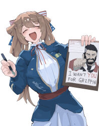  1girl american_flag american_flag_bikini american_flag_print berezovich_kryuger_(girls'_frontline) bikini brown_hair card commentary_request flag_print flag_print_bikini girls_frontline highres i_want_you notepad pen print_bikini springfield_(girls'_frontline) swimsuit todoroki_mushi white_background 