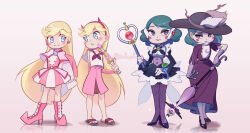  2girls alternate_costume arms_behind_back blonde_hair blue_eyes boots capelet commentary_request corrector_yui cosplay crescent dress earphones east-west_crossover eclipsa_butterfly facial_mark gloves green_hair harukaze_doremi harukaze_doremi_(cosplay) hat heart high_heels highres long_hair looking_at_viewer magical_girl mameda_toofu multiple_girls ojamajo_doremi pantyhose parasol parted_bangs photoshop_(medium) pink_boots pink_capelet pink_skirt purple_dress purple_gloves purple_pantyhose royal_magic_wand_(svtfoe) sandals school_uniform serafuku shinozaki_ai_(corrector_yui) shinozaki_ai_(corrector_yui)_(cosplay) short_hair skirt smile spade_(shape) star_butterfly star_vs_the_forces_of_evil twitter_username umbrella very_long_hair violet_eyes wand 