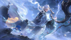  1boy abstract_background bare_tree bird black_coat coat commentary_request crane_(animal) flower fog highres honor_of_kings looking_back lotus official_art official_wallpaper solo sun tagme tree wang_wei_(honor_of_kings) white_hair 