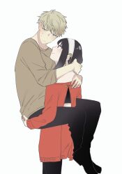  1boy 1girl arm_around_neck averting_eyes black_pants black_pantyhose black_shoes blue_eyes brown_shirt closed_mouth commentary_request couple dress earrings embarrassed from_side frown gold_earrings hairband hand_on_another's_back hetero highres hug hug_carry jewelry leg_lock lifting_person moduk2222 pants pantyhose profile red_dress red_eyes shirt shoes short_hair simple_background smile spy_x_family standing standing_leg_lock sweater sweater_dress twilight_(spy_x_family) white_background white_hairband yor_briar 