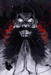  1boy absurdres bald bead_necklace beads beard black_blood bleach bleach:_sennen_kessen-hen blood blood_from_eyes blood_from_mouth colored_blood evil_smile facial_hair floating_liquid highres hyousube_ichibei jewelry looking_at_viewer necklace nitrovu nosebleed own_hands_together smile solid_eyes solo spot_color 