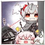  1other 3girls ahoge anger_vein animal_ear_fluff animal_ears arknights arrow_(symbol) black_pants black_shirt blue_background blush bright_pupils cape cat_ears chibi clenched_teeth closed_eyes commentary_request doctor_(arknights) green_hair grey_cape grey_hair hood hood_up horns kado_(hametunoasioto) kal&#039;tsit_(arknights) long_sleeves mask multicolored_hair multiple_girls open_mouth oripathy_lesion_(arknights) pants peeking_out pink_hair red_eyes redhead shirt smile streaked_hair sweat tail teeth theresa_(arknights) w_(arknights) white_pupils 