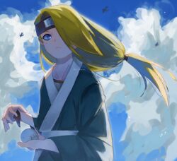  1boy aoi3ckmoon asymmetrical_bangs bird black_eyeliner blonde_hair blue_eyes blush child clouds cloudy_sky commentary_request deidara_(naruto) eyeliner fishnet_top fishnets forehead_protector green_kimono highres japanese_clothes kimono long_hair looking_to_the_side low_ponytail makeup male_focus naruto_(series) naruto_shippuuden ponytail sky solo 