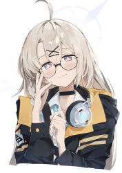  1girl adjusting_eyewear ahoge black-framed_eyewear black_choker black_jacket blonde_hair blue_archive blue_necktie choker collared_shirt commentary_request cropped_torso glasses hair_ornament hairclip halo headphones headphones_around_neck highres jacket kotama_(blue_archive) light_blush long_hair loose_necktie necktie open_collar purple_halo sanpo_(sanpo_1027) semi-rimless_eyewear shirt solo violet_eyes white_shirt x_hair_ornament 