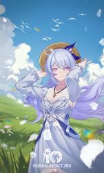  absurdres chinese_commentary commentary_request hat highres honkai_(series) honkai_impact_3rd kiana_kaslana m78_zaitaoaotezhanshi meadow straw_hat white_hair 