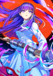  1girl absurdres breasts commentary cowboy_shot dress fern_(sousou_no_frieren) highres holding holding_staff huge_moon long_hair looking_at_viewer mage_staff magic marc_brunet medium_breasts moon parted_lips purple_hair red_moon solo sousou_no_frieren staff untranslatable_commentary violet_eyes white_dress 