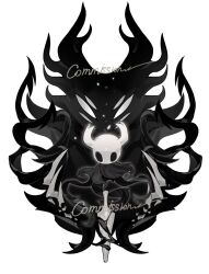  2others arms_up black_liquid black_skin blank_eyes claws colored_skin commentary_request commission extra_eyes greyscale highres hollow_knight horns knight_(hollow_knight) looking_down monochrome multiple_others roier simple_background tentacles void_entity_(hollow_knight) 