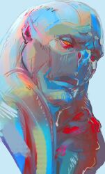  1boy absurdres alien blue_background colorful commentary english_commentary gorr_the_god_butcher highres looking_down male_focus marvel nizaen orange_eyes parted_lips portrait sharp_teeth sketch solo teeth tendril thor_(marvel)_(series) 