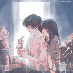  2girls black_hair bottle brown_shirt chopsticks closed_eyes closed_mouth commentary cooking_pot couple dated_commentary eyelashes flower food front-to-back glasses hand_on_another's_shoulder highres holding holding_chopsticks holding_food indoors instant_noodles kettle kitchen long_hair maybe_kizuna multiple_girls original oversized_clothes oversized_shirt pink_lips pink_shirt plastic_bottle plate round_eyewear shirt short_hair short_sleeves slice_of_life standing stitched_neck stitches straight_hair three-quarter_sleeves vase very_short_hair water_bottle yuri 