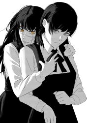  2girls chainsaw_man choppy_bangs collared_shirt commentary_request cross_scar dress dress_shirt fourth_east_high_school_uniform highres hug hug_from_behind jcks4275 long_hair long_sleeves mitaka_asa monochrome multiple_girls neck_ribbon open_mouth orange_eyes ribbon ringed_eyes scar scar_on_cheek scar_on_face scar_on_nose school_uniform shirt sidelocks sleeveless sleeveless_dress teeth twintails yoru_(chainsaw_man) 