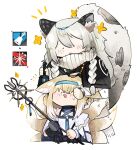  ._. 2girls animal_ear_fluff animal_ears arknights bell black_gloves blonde_hair blue_hairband braid braided_hair_rings colored_tips fox_ears fox_girl fox_tail gloves grey_hair hair_between_eyes hair_rings hairband highres holding holding_bell holding_staff kitsune kyuubi leopard_ears leopard_girl leopard_tail long_hair multicolored_hair multiple_girls multiple_tails odmised open_mouth pramanix_(arknights) short_hair side_braid simple_background single_glove staff suzuran_(arknights) tail twin_braids white_background white_hair 